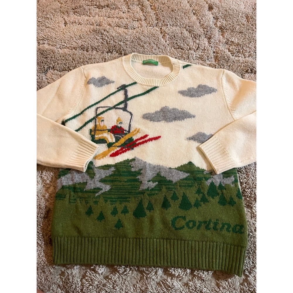 United Colors Of Benetton Cream Green Ski Lift Scenic Crewneck Sweater